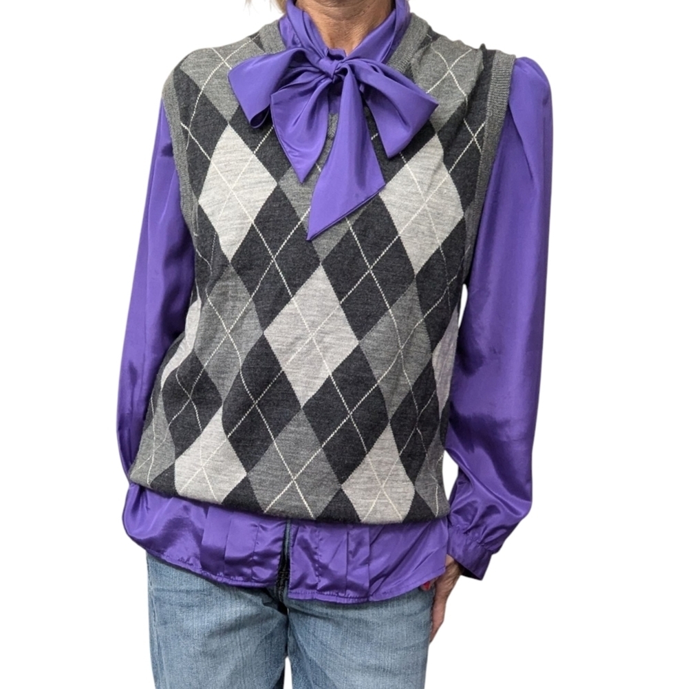 Express Design Studio Mens L 100% Merino Wool Argyle Sweater Vest Gray